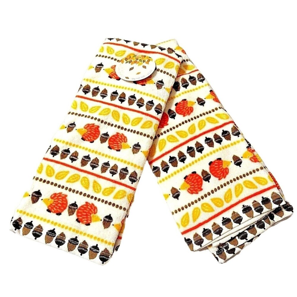 Hedgehog Acorn Swirling Leaf Kitchen Towels Autumn Leaves Fall Print 2pc Gift